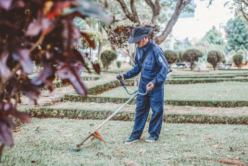 A gardener from [COMPANY_NAME] is trimming a dense, well-maintained hedge with long-handled pruning shears, focusing on the upper sections. The hedge is lush with small, green leaves and has a few del
